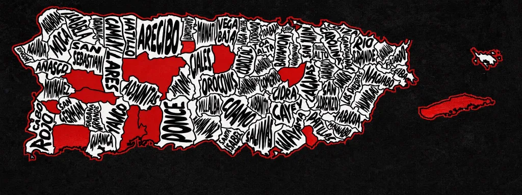 Mapa de Puerto Rico que muestra en blanco los municipios donde MiCarreraPR ha realizado eventos y en rojo los próximos por alcanzar